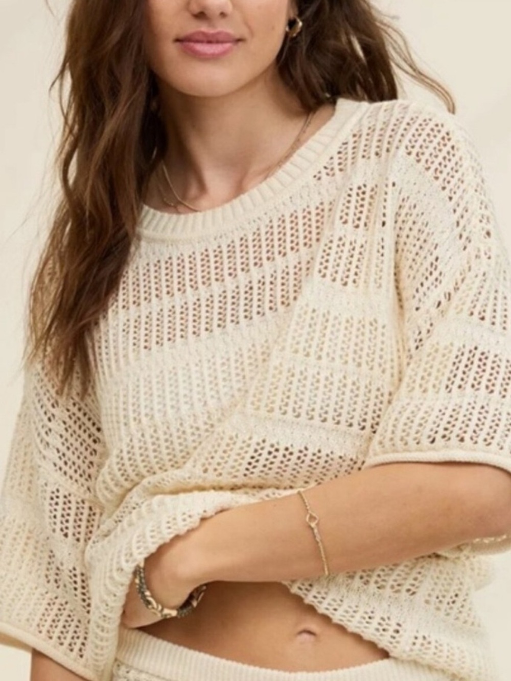 Aerie Crochet Oversized Short Sleeve Sweater Cream size small